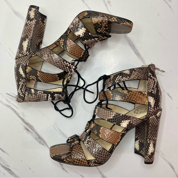 Vince Camuto Phandras Brown and black snakeskin lace-up peep toe sandals Sz 8M - Picture 3 of 11